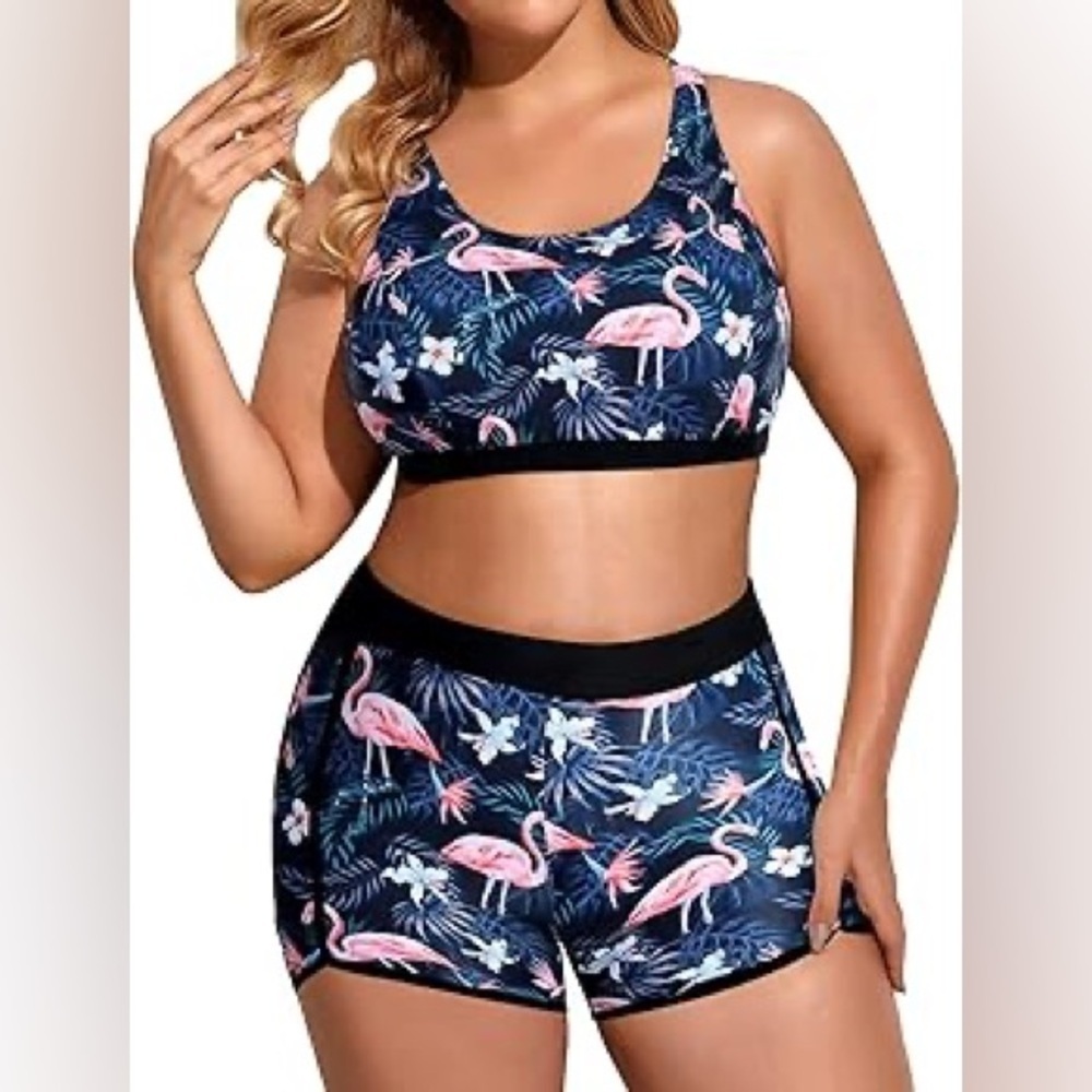 Women’s Flamingos Sports Bra High Waist Bikini Set NWOT Size S